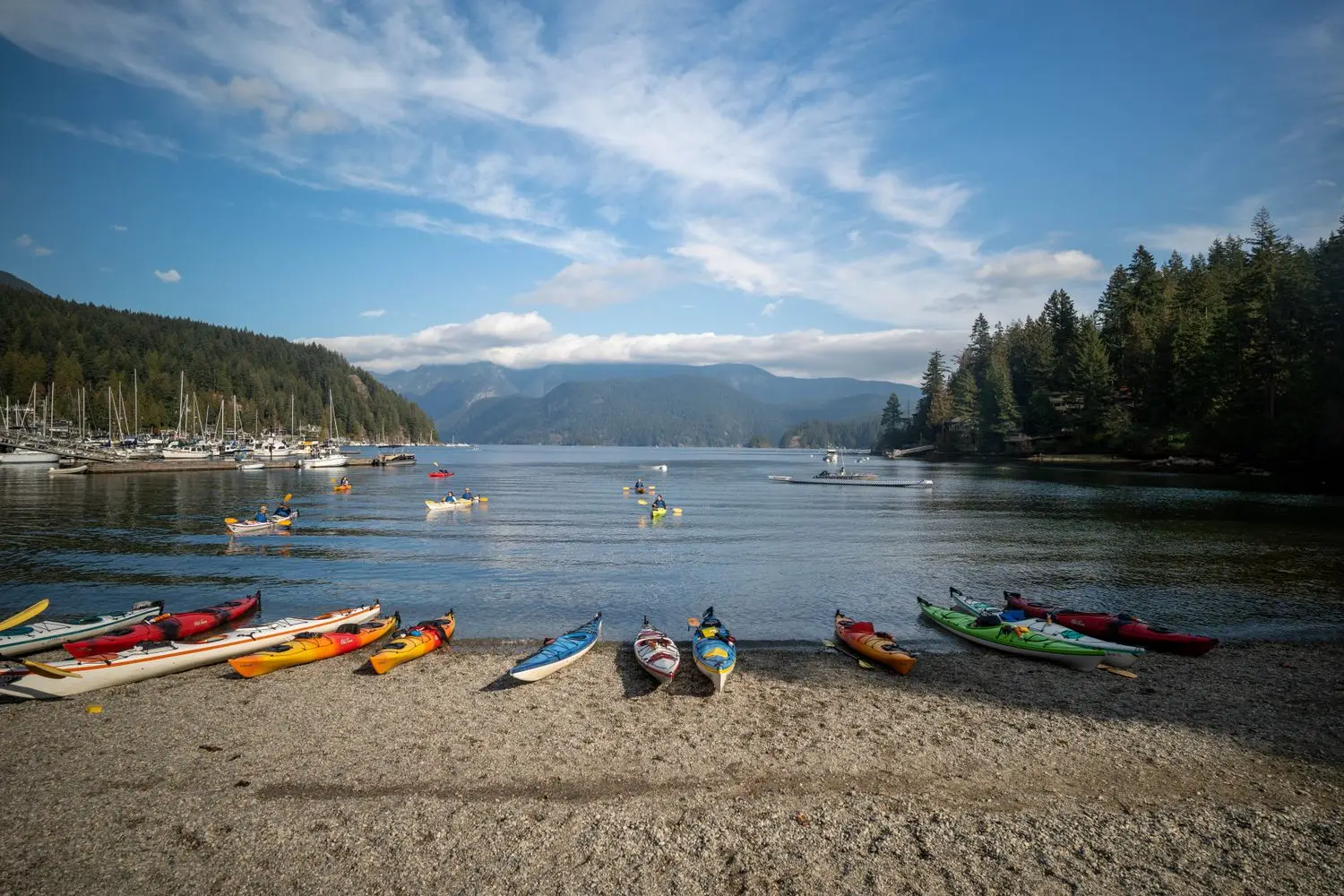 Kayaks arranged at a broad lakeside launch