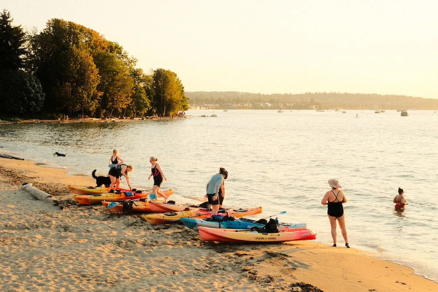 Group with kayaks at a beach launch